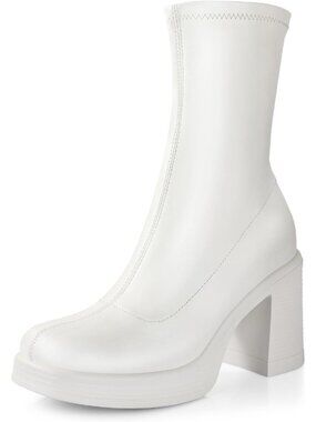 Women's White Pu Platform Ankle Boots Comfort Chunky High Heels Side Zipper